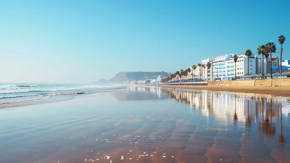 Morocco Guide, Agadir beachfront cityscape with Atlantic waves and palm-lined promenade