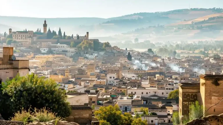 Overlooking the ancient medina of Fes with minarets and dense rooftops