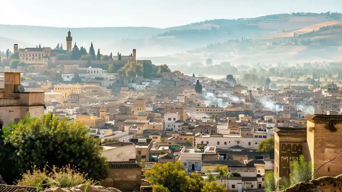 Overlooking the ancient medina of Fes with minarets and dense rooftops