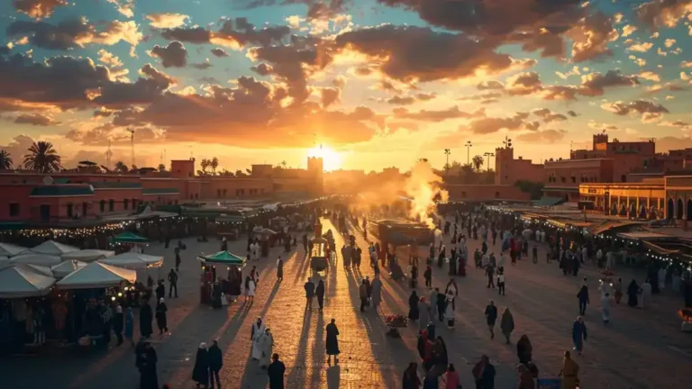 Morocco Guide, Jemaa el-Fna square bustling at sunset with market stalls.